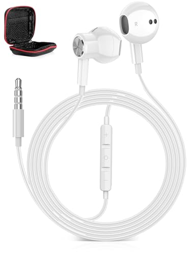 Wired Headphones 3.5mm Jack Aux Earbuds Corded Earphones with Microphone Volume Control Noise Isolation for iPhone 6 6s iPad Samsung MP3 Player MP4 Laptop Computer Airplane Home School Student White
