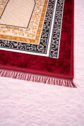 Image of Janamaz Prayer Mat Turkey Soft Velvet | Namaz Mat, Janimaz Namaz Aasan, Islamic Prayer Rug for Salah | 70x110 CM (Printed Red)