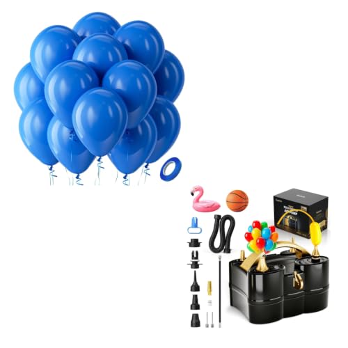 Image of Bezente Royal Blue Latex Party Balloons - 100 Pack 12 inch Round Helium Matte Dark Blue Balloons and Electric Balloon Pump