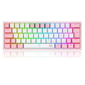 Teclado Mecânico Gamer Compacto Redragon Fizz Sakura Lollipop Branco e Rosa RGB Switch Azul K617-RGB-WP