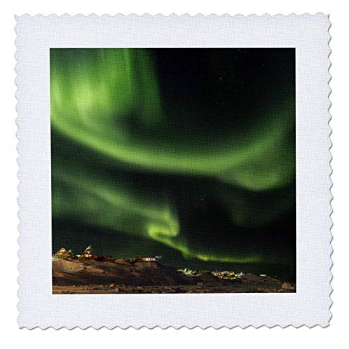 25x25 inch Quilt Square - Northern Lights Over Town and Frozen Disko Bay. Greenland. Places
