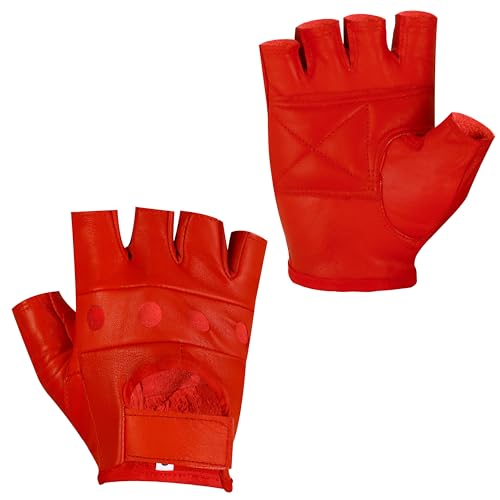 Royal Coalition Men's Leather Gloves Racing Fingerless Motorcycle Hand Black & Red Gloves W/Breathable Open Knuckle (Red, Medium)
