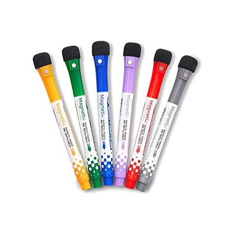 Pack of 6 Fine Point Multi Coloured Magnetic Dry Wipe Whiteboard Pens with Eraser Cap Cover