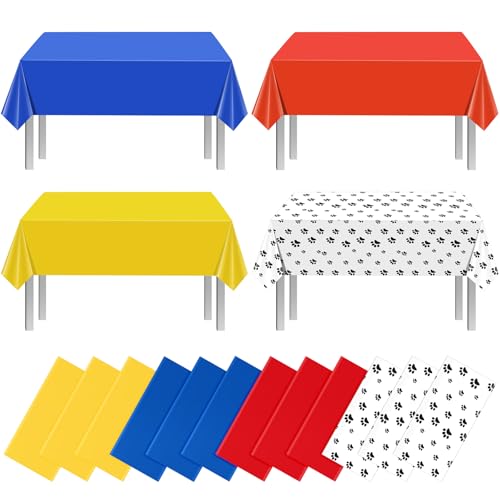 12 Pack Paw Print Plastic Tablecloths, Blue Red Yellow Puppy Table Cloth Disposable Rectangle Table Covers for Kids Birthday Party, Dog Puppy Birthday Party Decorations and Supplies, 108 * 54inch