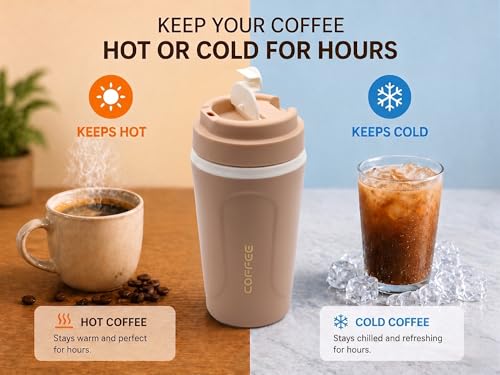 Image of Kitchivo Multipurpose Insulated Travel Mug - 350ml | Double Wall Stainless Steel Flask for Coffee, Tea & Milk | 100% Leak-Proof | Keeps Hot & Cold for Hours | Car Friendly (Coffee)