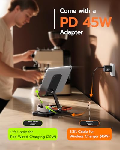 Image of 45W 6 in 1 Charging Station for Apple Multiple Devices with Clock & Light, 20W Fast Foldable Wired Charging Stand for iPad /Tab, Wireless Charger Design for MagSafe Charger for iPhone 17 /iWatch /Airpods