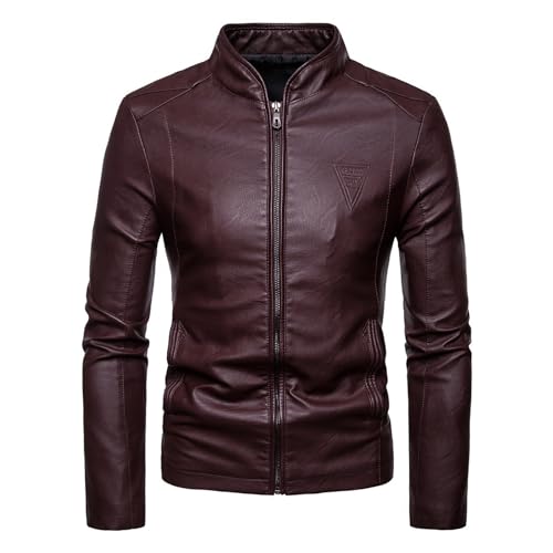Generico Chaqueta de piel para hombre motorista Jacket Vintage Mejor Clavo con Cuello Elevado Moto Ecopiel Casual con Bolsillos Cremallera Chaquetas Ligero para Todos los Días Sport, rojo, XL
