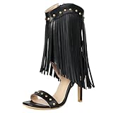 Betastella Womens Open Toe Stiletto High Heels Fringe Cowboy Sandals Vintage Studded Summer Ankle Cowgirl Boots Elegant Dress Shoes, Size 7, Black