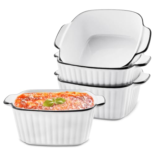 4PCS Ceramic Baking Dishes with Handles, 5.75Square Lasagne Dish for Air Fryer, Baking Dish, Pie Dishes for The Oven, Pasta Bake Dish for Lasagne/Pie/Casserole/Tapas (Ribbed)