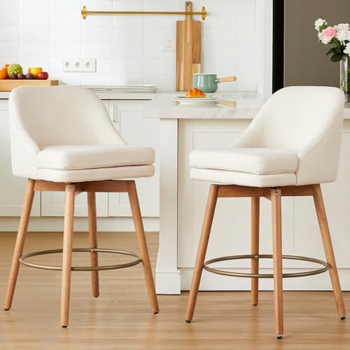 Image of kinmars Modern Bar Stools Set of 2,Swivel Counter Height Bar Stools with Soft Upholstered Back,Thick Seat,Wooden Legs, 27 inch Counter Stools for Kitchen Island (Beige, 2 Pieces - 27 inch Counter Height)