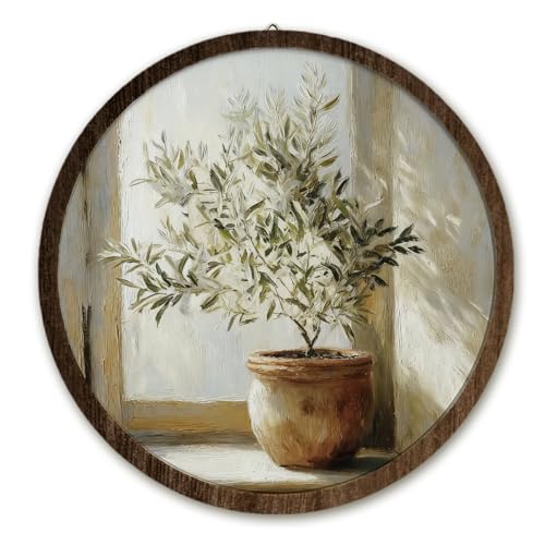 IORAFOUDUO Vintage Neutral Olive Tree Framed Round Wall Art Decor