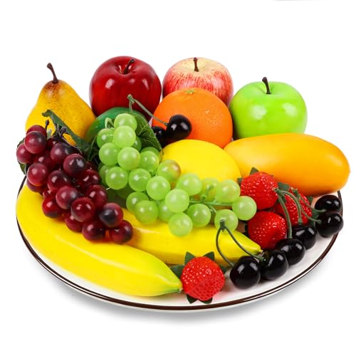 STEFORD 24Pcs Fake Fruit Pack Artificial Fruit for Home Decor Realistic Fake Mixture Fruits Set Table Centrepieces Party Chirstmas Decoration Home Kitchen Lifelike Faux Fruits Modle Apple Bananas