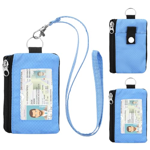 Minimalist RFID Blocking Wallet with Lanyard, Functional ID Case with 2 Zipper Pockets and Key Chain for Men and Women, Tactical Badge Pouch Cards Holder, Coin Purse for Travel Sports-LightBlue