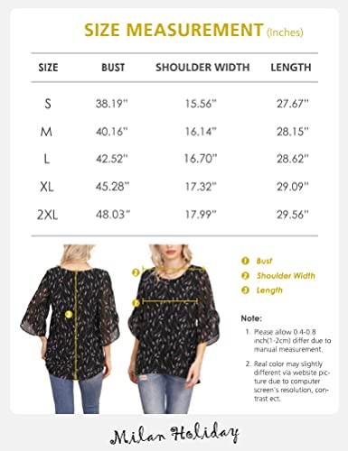 Milan Holiday Womens Casual Scoop Neck Dressy Blouses 3/4 Sleeve Business Work Blouse Tops(Blue Flower Black,Xx-Large) #TOP4