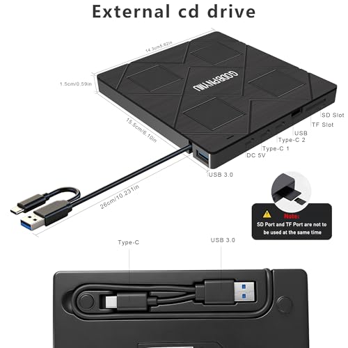Image of External CD Drive: an 8-in-1 DVD Player for Laptop Featuring USB*2 /C*2,TF /SD Card Reader.CD /DVD + /-RW Burner,Compatible with Windows 11 /10 / 8 /7 /XP,Linux,Mac os. Comes with 1+4 Storage Bag