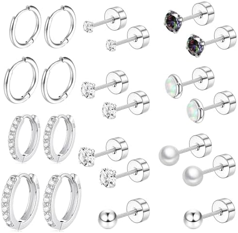 Surgical Steel Flat Back Earrings Set for Multiple Piercing Sensitive Ears,Sterling Silver Hypoallergenic Small Cartilage Huggie Hoop Earrings Titanium Tiny CZ Pearl Opal Stud Earrings for Women
