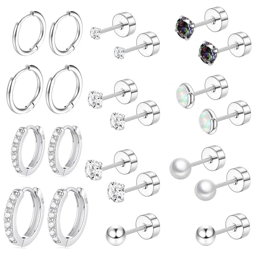 Surgical Steel Flat Back Earrings Set for Multiple Piercing Sensitive Ears,Sterling Silver Hypoallergenic Small Cartilage Huggie Hoop Earrings Titanium Tiny CZ Pearl Opal Stud Earrings for Women
