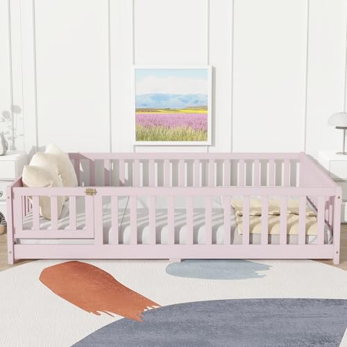 Klwenas Maec Full Size Pink Toddler Floor Bed with Removable Door for Kids, Montessori with 12 Slats and Safety Guardrails, Solid Wood Full Frame for Girls, Boys No Box Spring Need (Pink, Full)