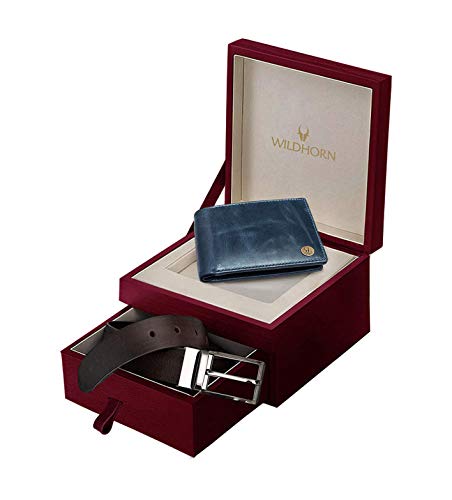 Image of WildHorn Gift Hamper for Men I Leather Wallet & Belt Combo Gift Set I Gift for Friend, Boyfriend,Husband,Father, Son etc (Blue Crunch)