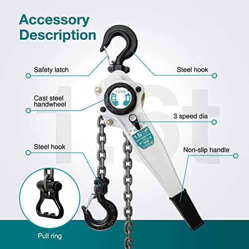 Image of TOYO Lever Chain Hoist 3500Lbs 20ft,Chain Come Along 1.6T 20Ft Ratchet Chain Puller Hoist Alloy Steel G80 Chain 2 Heavy Duty Hooks for Building Warehouse Automotive Garages Machinery (3500LB 20FT)