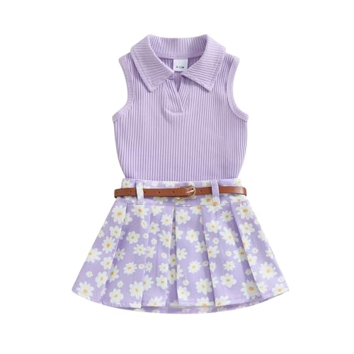 Image of BeQeuewll Toddler Baby Girl Summer Clothes Daisy Flower Girl Outfit Knit Shirt Mini Pleated Skirts Set Outfits for Grils1-4T (Purple, 3-4 Years)
