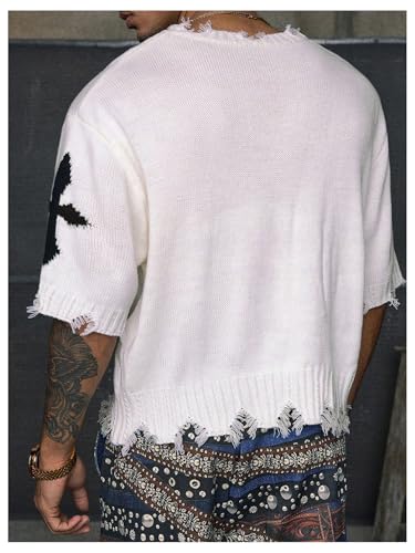 Floerns Men's Cross Print Knitted Sweater Half Sleeve Distressed Pullover Tops3