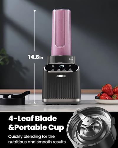 Image of GDOR Professional Blender for Kitchen, 1200 Peak Watts Smoothie Blender, 5 Functions for Ice Crushing & Frozen Fruit, 52 Oz Glass Jar & 24 Oz To-Go Cup Combo, Self-Cleaning, Gray