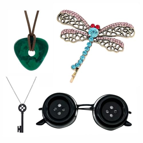 Mdswjdcw 4 Pcs Accessories Fit for Cosplay Costume Button Eyes Glasses Key Necklace Hair Clip Green Stone Set Halloween Merchandise Christmas Birthday Gift for Women Men and Fans