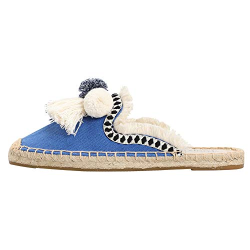 Tonivis Women's Mule Flat Shoes With Tassel & Pompom, Espadrilles Slides Backless Slipper Slip On Loafer Shoes Blue 8 Size #TOP1