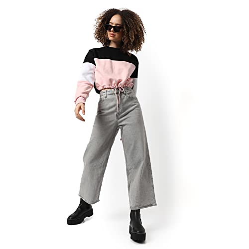 Image of Campus Sutra Women Pink & Black Cinched Waist Regular Fit Sweatshirt for Winter Wear | Round Neck | Full Sleeves | Cotton Sweatshirt | Casual Sweatshirt for Woman | Stylish Sweatshirt for Womens