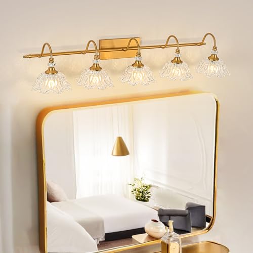 Image of Vintage Bathroom Vanity Light, 5-Light Matte Brass Finish Vanity Light with Floral Clear Glass Shades, Retro Wall Mount Lighting for Bathroom, Dressing Table