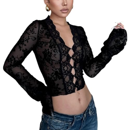 Lace Long Sleeve Crop Tops Coquette Aesthetic Low Cut Button Up