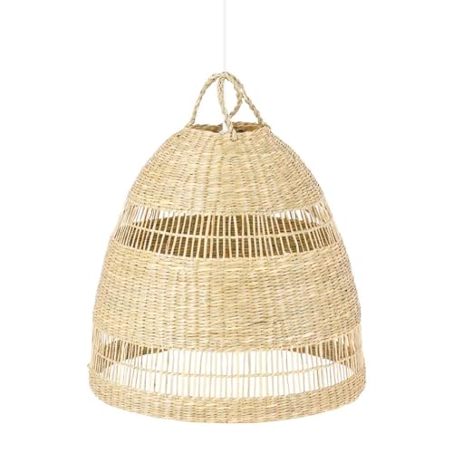 BARCELONA LED - Lámpara Colgante de Techo de Mimbre Natural con Florón de Madera. Lámpara con Portalámparas E27- Estilo Bohemio, Rústico. Pantalla Ratán Bambú Madera para Comedor, Salón, Habitación