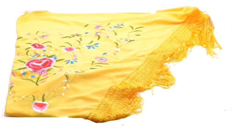 ZH AMARILLO - Mantón Floral Flamenco Liliac, Bailaora Flamenca, Mantón de Bailaora Tradicional Española