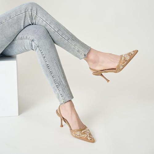 Image of Embroidered Mesh Slingback Heels for Women White Pearl Kitten Heel Pumps Pointed Toe Backless Wedding Shoes