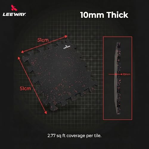 Image of Leeway Interlocking Gym Mats for Floor | EPDM (Set of 2, 10mm, 20 inchx20 inch) Black with Red Flecks | Gym Floor Mat Rubber for Workout | Equipment Matt for Home | Rubber Tiles, Kids Rooms Puzzle Mate