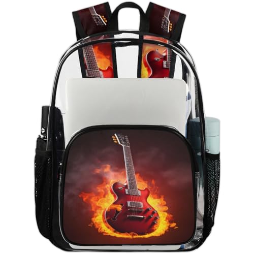 Clear Backpack Flame Guitar Clear Bag Heavy Duty PVC Backpack Transparent Backpack for Travel, Work, Security, Music Clear Bags for Women Men,17.7inch