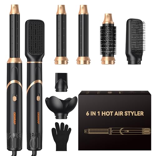 Hair Dryer Brush 6 in 1 Foldable Air Styler Curler Wrap Blow Dryer Brush Detachable Hot Air Brush Dry Volumize Straight Curl Negative Ion Brush Blow Dryer with Diffuser Hair Styler Tools