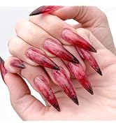 Halloween Blood Press on Nails Gel Glue on Nails 24Pcs Glossy Red Gradient Acrylic Long Stiletto ...
