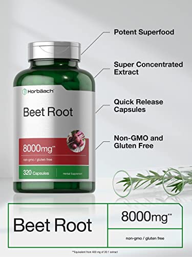 Beet Root Powder Capsules 8000Mg | 320 Count | Non-Gmo And Gluten Free Formula | High Potency Herbal Extract Supplement | By Horbaach #TOP2