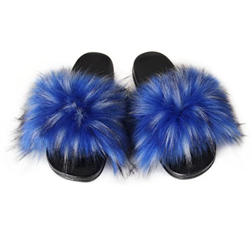 Image of MH Bailment Womens Furry Fluffy Slippers Faux Fur House Slippers Open Toe Fuzzy Slides Soft Flat Slip On Sandals for Indoor Outdoor