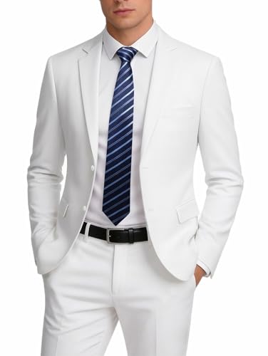 MOGU Suit for Men Solid Color Fit Formal 2 Piece Dress Tuxedo Set with Jacket Pants Tie (Large White)