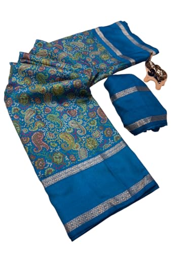 Image of Kalamkari Floral Prints Dola Silk Saree With Rich Zari Border Designer Pallu Attach Blouse Piece