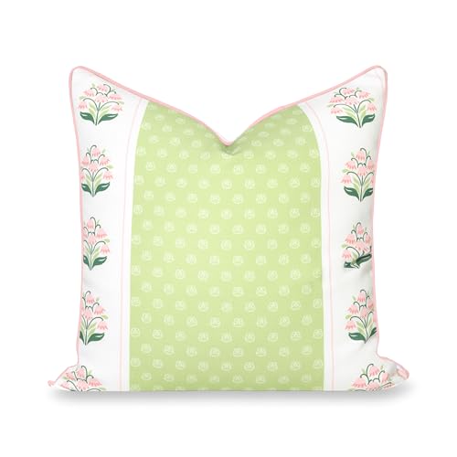 Hofdeco Premium Grandmillennial Patio Indoor Outdoor Throw Pillow Cover Only, 20"x20" Water Repellent for Backyard, Couch, Poolside, Grass Green Pink Print Block Print Striped Lily of the Valley