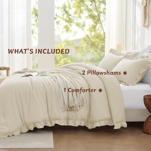 Image of FUANNA Full Size Comforter Sets Cream White, 3 Pieces Ruffle Full Size Bedding Sets, Fluffy Bed in a Bag Full for All Seasons, Shabby Chic Full Bed Set with 1 Lightweight Comforter & 2 Pillowshams