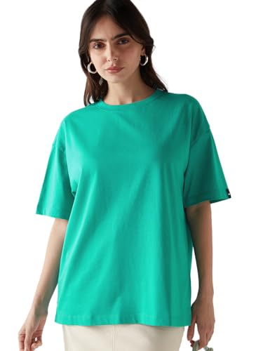 Image of Bewakoof Women's Solid Oversized Fit Half Sleeve Round Neck Cotton Jersey T-Shirt