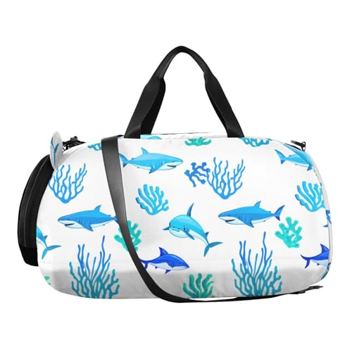 Sharks Blue Kids Travel Duffel Bag for Boys Girls Overnight Weekend Tote Bag with Shoes Compartment for Sleepover Trip Beach2