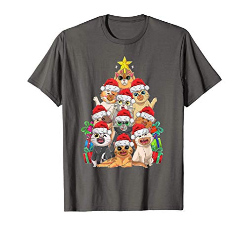 Funny Cat Christmas Tree Lights Gift Santa Hat Cat Lover Camiseta