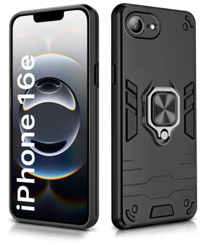 Image of WOW IMAGINE Shock Proof Back Case Mobile Cover for iPhone 16e | iPhone 17e | Back Cover Case (Tough Armor | Hybrid PC + TPU | Ring Holder & in-Built Kickstand | Black)