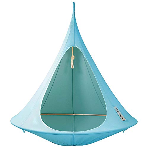 Image of Double Cacoon Hanging Chair for Two - Cozy Indoor /Outdoor Hammock with Polyester Canvas, 440 lb Capacity, Includes 18ft Rope & Carabiner (Turquoise)